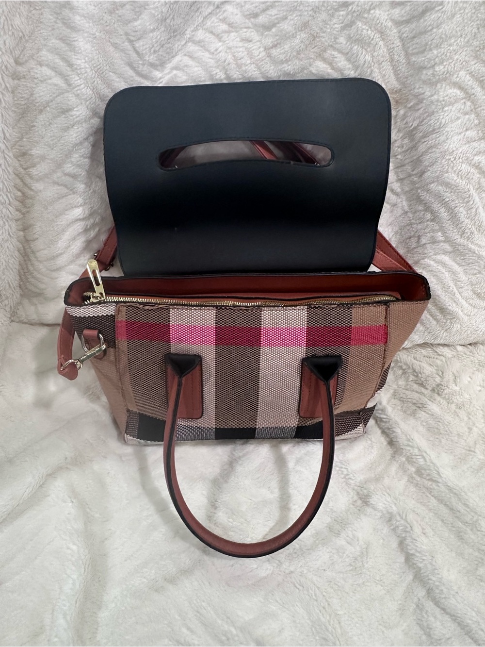 Burberry Brown Leather & Check Satchel with Top Handles - Picture 11 of 15